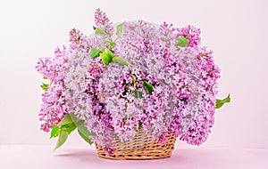 Basket of lilac pink flowers on pink background photo