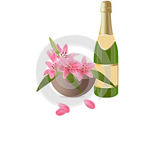 Basket with lilies and a bottle of champagne