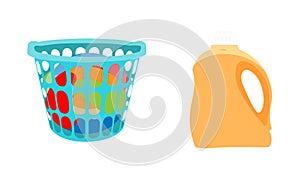 Basket with linens and bottle of detergent. Laundry basket with dirty clothes