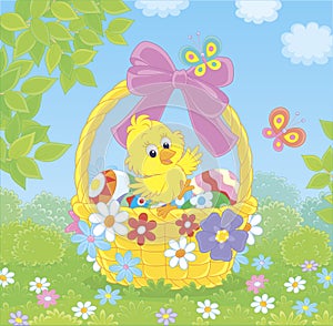 Basket with a little chick and Easter eggs