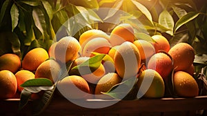 A basket of mango fruit with leaves