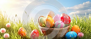 Basket with many painted and colored Easter Eggs put in the grass with a very sunny day