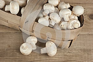 Basket with mushrooms on wooden background