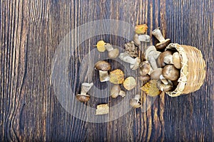 Basket with mushrooms on a wooden background