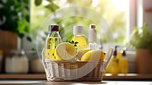 A basket with natural cleaning products in a modern bright kitchen