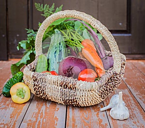 Basket of organic vegetables grown in their own hands in the greenhouse.