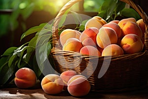 A basket overflowing with an abundance of ripe peaches, ready to be picked and savored, Ripe, juicy organic peaches in a wicker