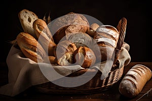 basket overflowing with freshly baked bread, including baguettes and rolls