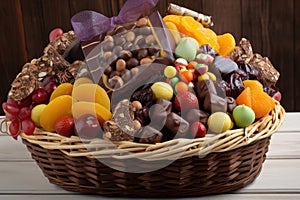 basket overflowing with fruits, nuts and chocolate for indulgent treat