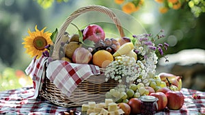 A basket overflowing with seasonal produce and homemade jams awaiting a tranquil evening picnic for two
