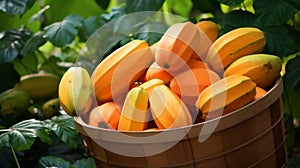 Basket overflowing with succulent, freshly harvested papayas