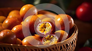 Basket overflowing with succulent, tropical passion fruits