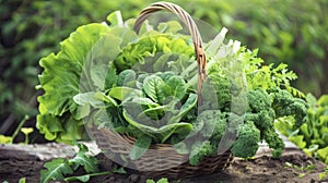 A basket overflowing with vibrant green leafy vegetables freshly pulled from the rich dark soil