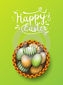 Basket with painted easter eggs on green background, illustration