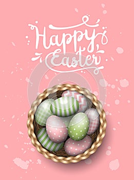 Basket with painted easter eggs on pink spotted background, illustration