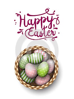 Basket with painted easter eggs on white background, illustration