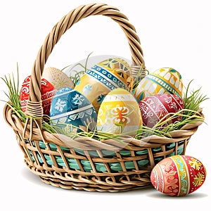 Basket with painted Easter eggs on a white background. Vector illustration