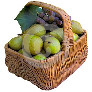 Basket with pears and grapes.