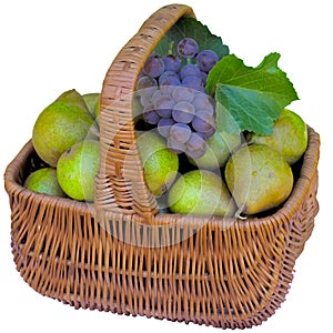 Basket with pears and grapes.