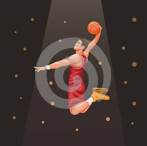 Basket player slamdunk under spotlight. sport athlete symbol concept in cartoon illustration vector