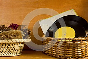 Basket with potpourri and vinyl records