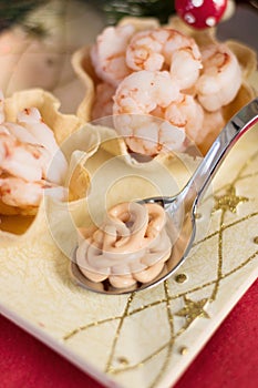 Basket with prawn cocktail for Christmas dinner