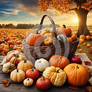 Basket Of Pumpkins, Apples And Corn On Harvest Table With Field Trees And Sky Background, happy thanksgiving v3