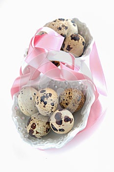 basket with quail eggs for easter breakfast in italy on white background