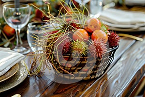 basket of rambutans and persimmons by place settings