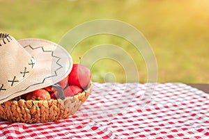 Basket with red apples on a wooden table against the background of autumn nature. Texture table with red tablecloth, apple harvest