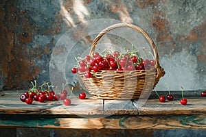 A basket of red cherries sits on a wooden table. Generative AI