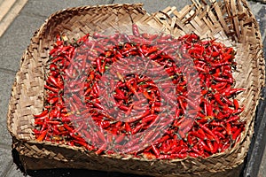 A basket with red chili peppers in the traditional market
