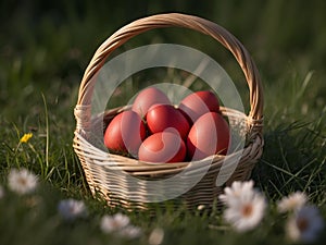 basket with red easter eggs on grass background with spring flowers