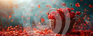 Basket with red rose petals on bokeh background.