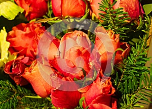 Basket with red roses on the table