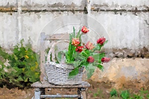 Basket with red tulips sitting on a chair in the garden oil painting. Art for background.