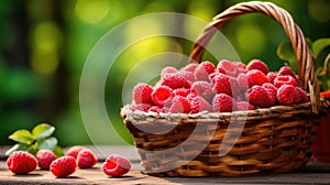 Basket of ripe raspberries on wooden table in a garden