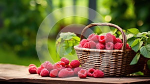 Basket of ripe raspberries on wooden table in a garden