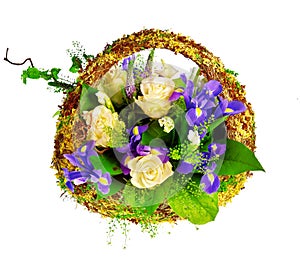 Basket of roses, iris dutch xiphium, and veronica photo