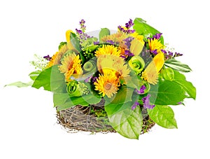 Basket of roses, tulips and limonium