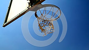 Basket with ruined net seen from below in the morning sun