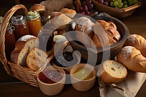 basket of rustic, crusty breads, paired with assortment of jams and spreads