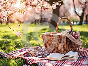 Basket with sandwiches and fruit, book and glasses on the blanket on the grass in the park with flowering trees