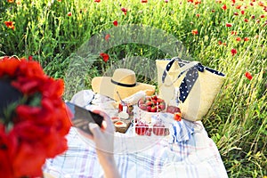 Basket, sandwiches, plaid and juice in a poppy field. Vintage te