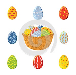 Basket and set of easter eggs, vector