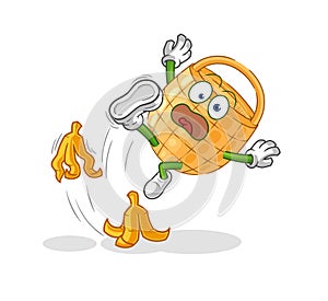 Basket slipped on banana. cartoon mascot vector