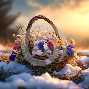 Basket with spring flowers and blooms lying on the meadow with the rests of melting snow.