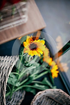 A basket of sunflowers in detail