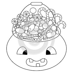 A basket with sweets. Sketch. Halloween Symbol Trick or treat. Vector illustration collection. Coloring book for children.