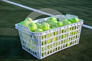 Basket of tennis balls on green court